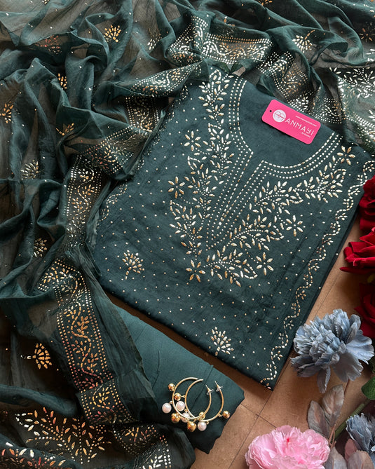 Kurta v neck bright Mukaish Mul Chanderi suit set