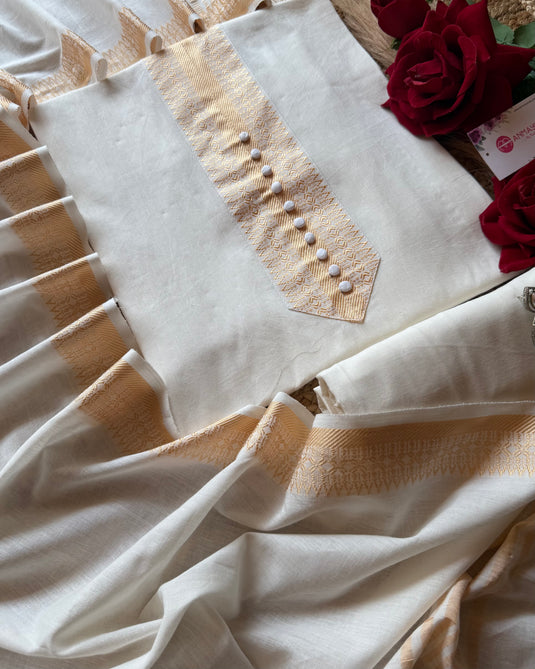 Pure White gold weave soft handloom cotton suit set