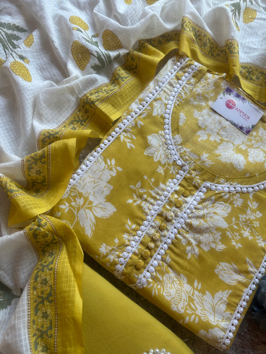 Pure cotton floral lace work suit with soft kota doria dupatta