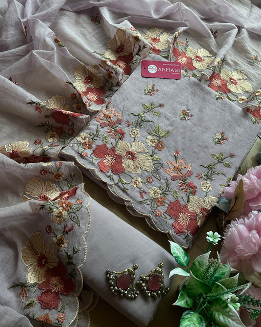 Mul Chanderi cutwork embroidered suit sets