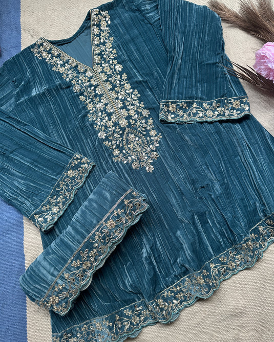 Crushed velvet Pakistani coord sets with Dori and mirror details