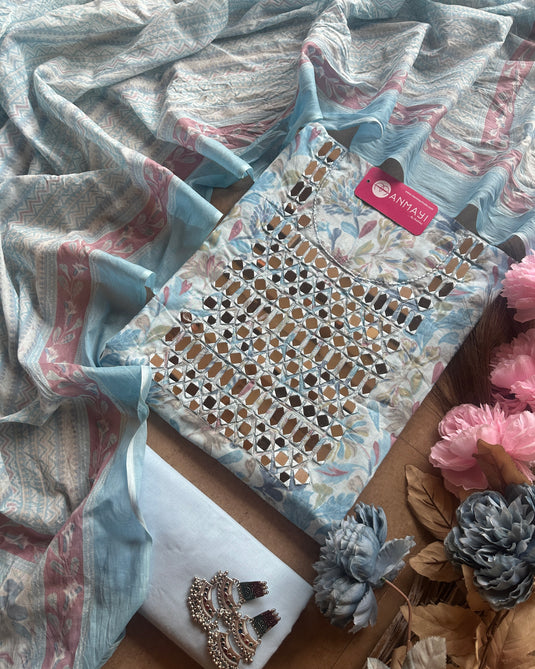 Printed cambric cotton suit with real mirror work