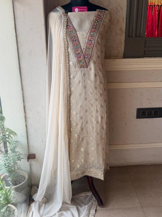 Soft shimmer georgette ivory jacquard work suit set