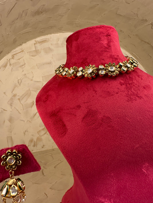 3D flower antique Kundan suit set with jhumkis