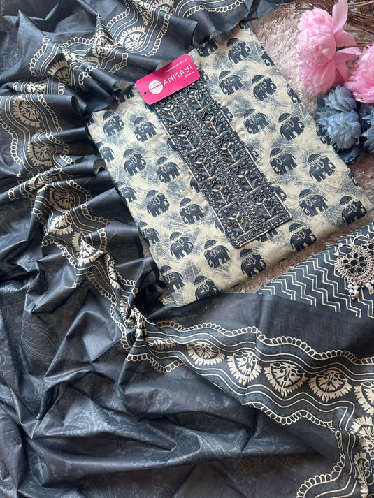 Elephant print cambric cotton suit set with cotton dupatta