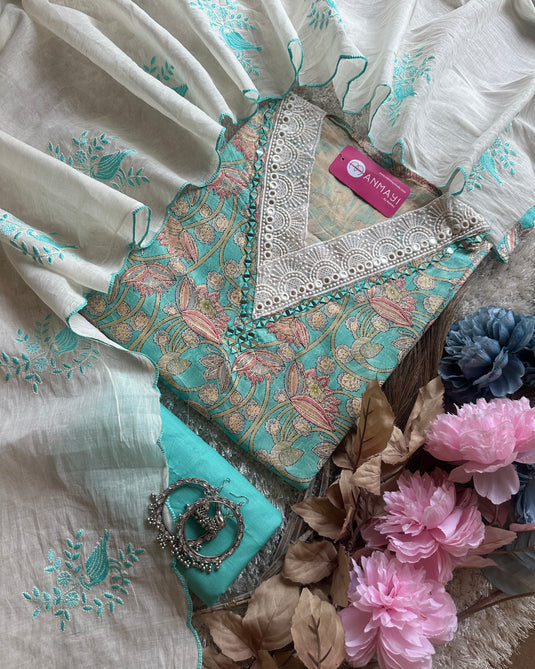 Digital print cambric cotton suit with crochet mirror v neck and embroidered cotton dupatta