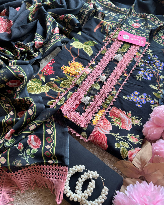 Printed floral flowy cotton suit with fringe laces detail