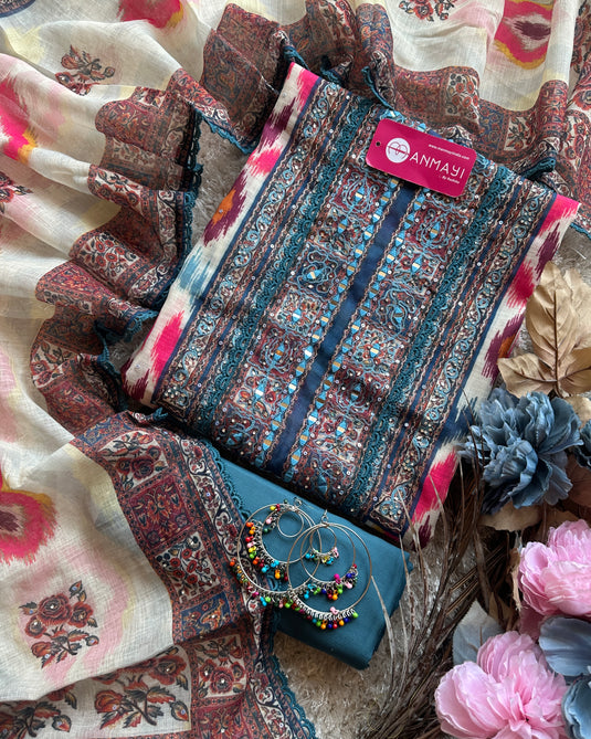 Printed linen Chanderi suits with highlighted thread and mirror details