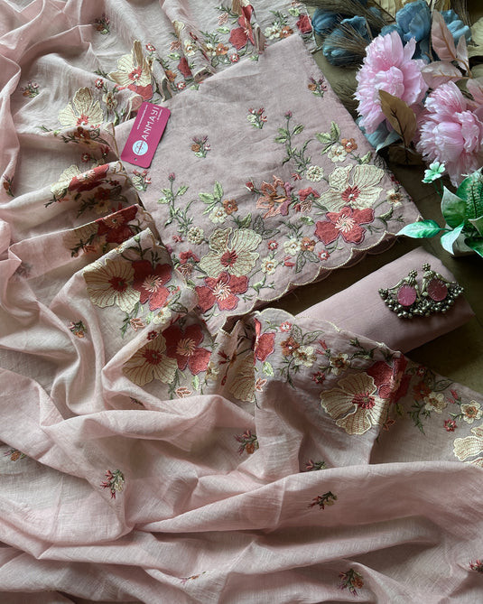 Mul Chanderi cutwork embroidered suit sets