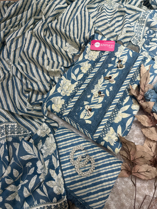 Patterned garden pure cotton suit set with shell neck