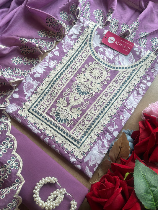 Printed cambric cotton white Dori work suit set