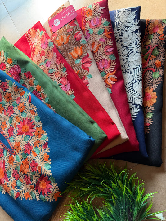 Aari work unstitched woollen coord sets