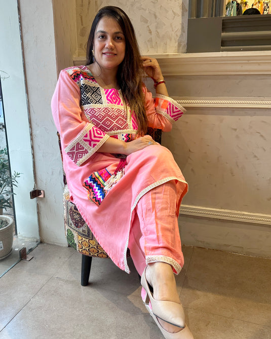 Muslin linen boho tassel neck coord set with farshi salwar