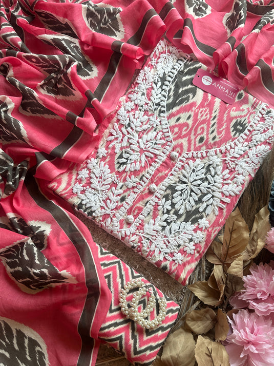 Ikkat print chikan neck soft cotton suit set