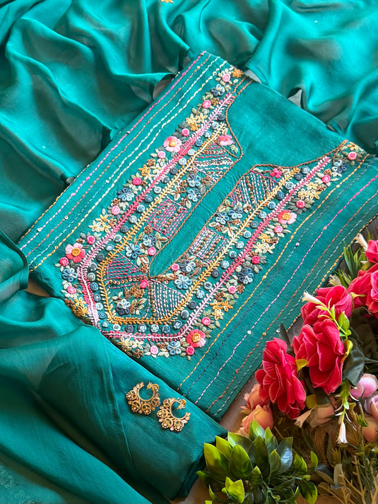 Coloured french knot work pure Maheshwari suit set with organza dupatta