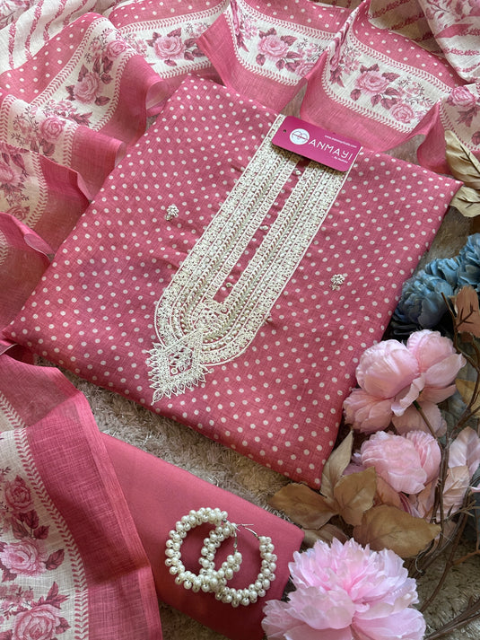 Polka dots printed linen suits with digital dupatta
