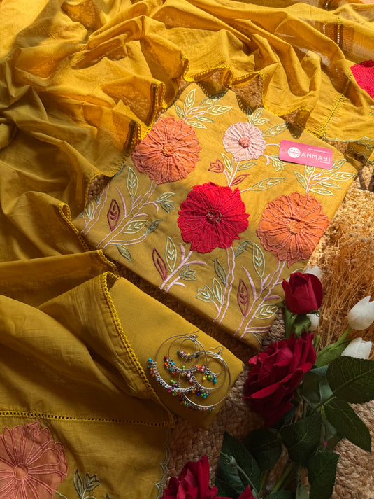 Coloured applique flower Mul Chanderi suit set