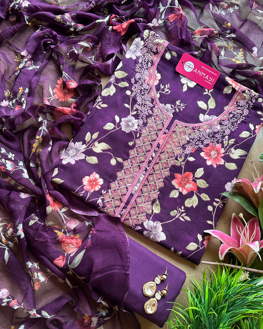 Floral cotton suit with cross stitch neck and pure chiffon printed dupatta