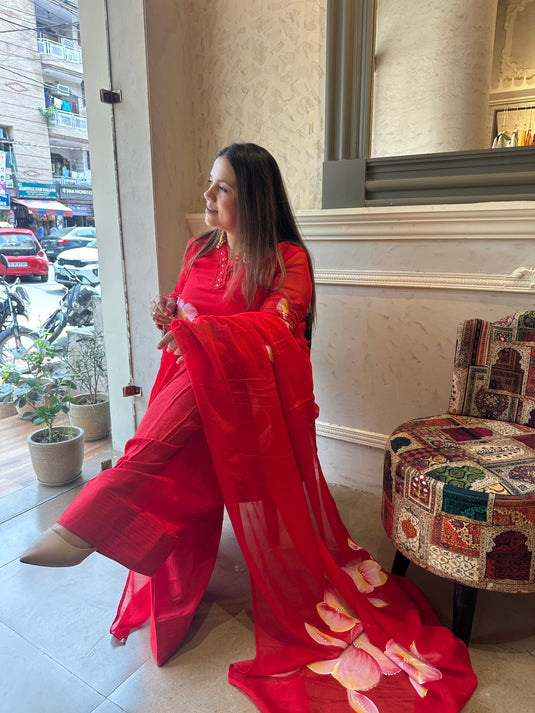 Handpainted organza suit set with farshi salwar