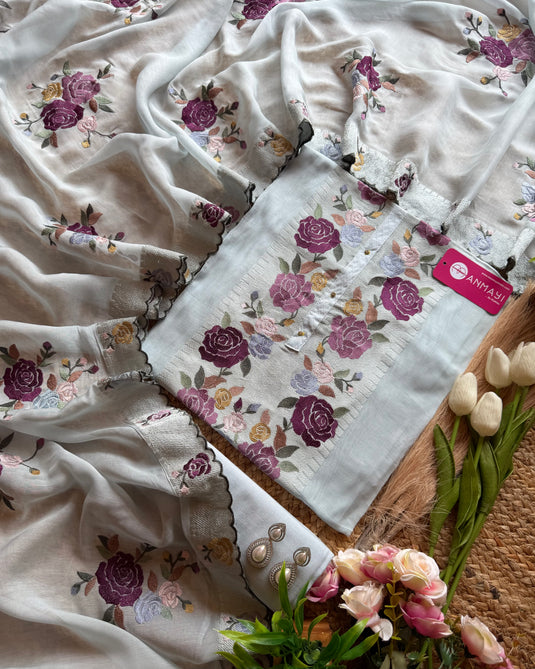 Mul cotton aari work flower pastel suit set