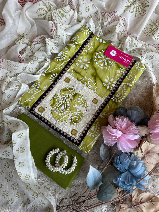 Cambric batik print suit with hakooba neck and block print dupatta