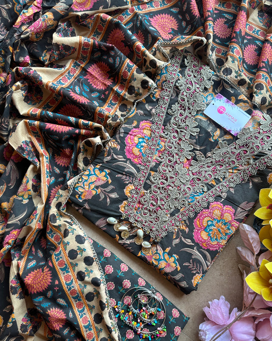 Crochet work pure cotton floral suit set with cotton dupattas