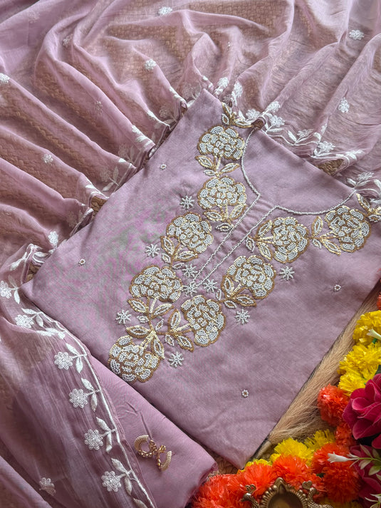 Grape pearl pastel mul Chanderi suit set