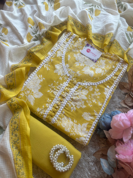 Pure cotton floral lace work suit with soft kota doria dupatta