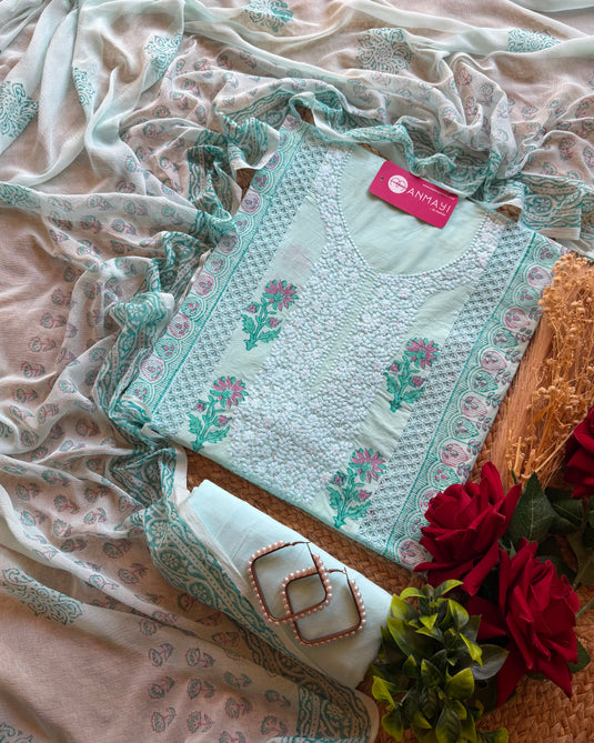 Block print embroidery neck suits with pure chiffon dupatta