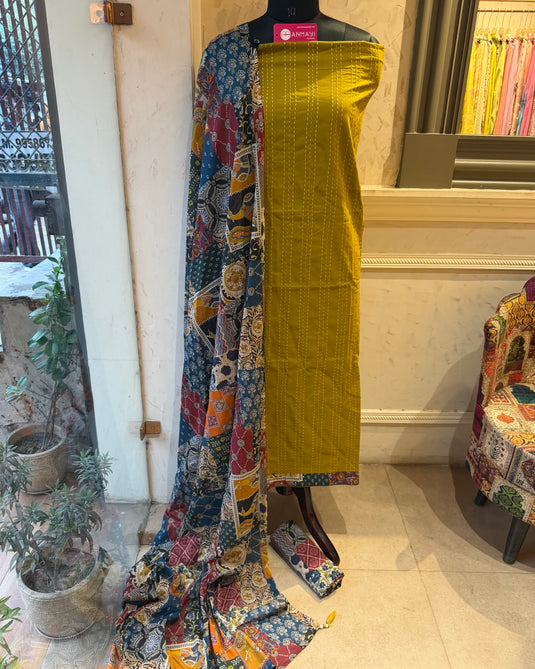 Lime weaving cotton suit with digital coloured cotton dupatta