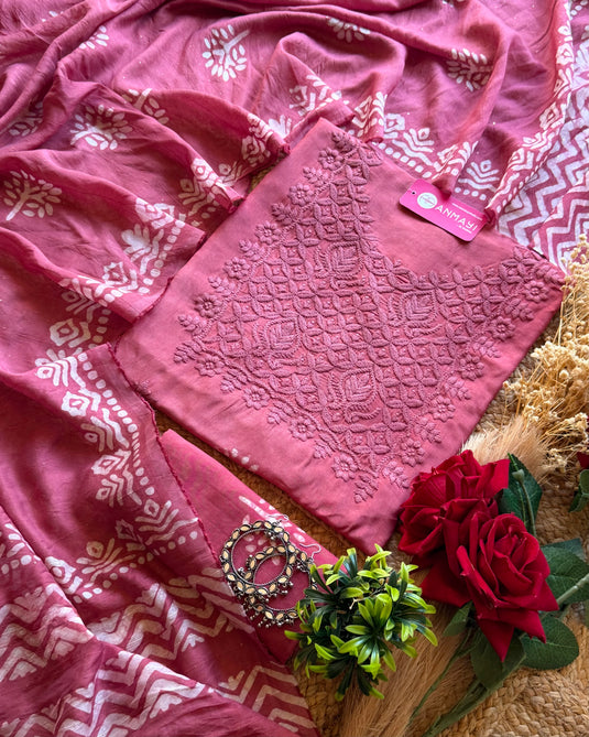 Muslin printed suit with chikan work neck and highlights dupatta