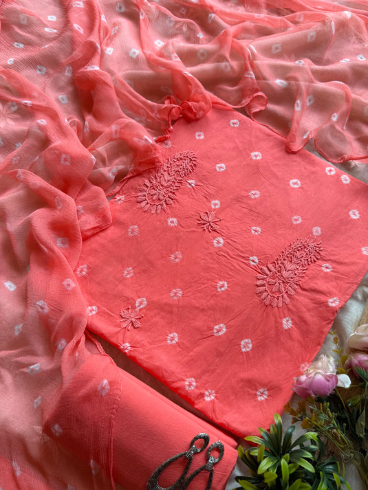 Handcrafted Bandhani soft cottons Karachi work suit set with chiffon dupatta