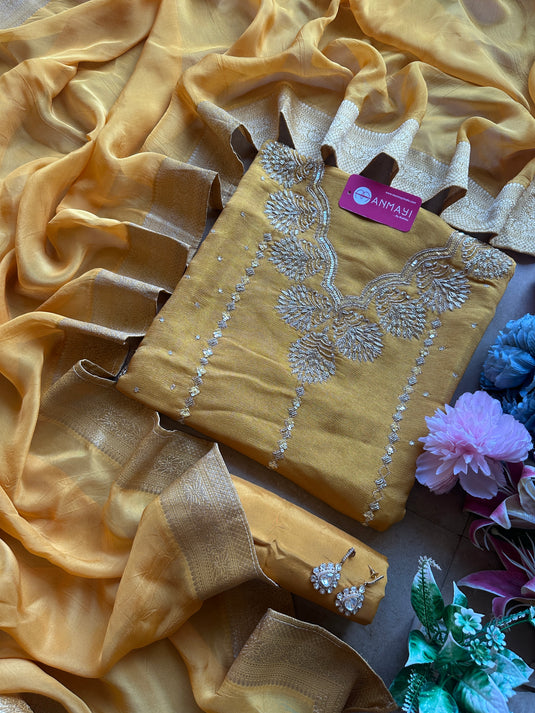 Zardosi work shimmer silk suit set with Banarasi border dupatta