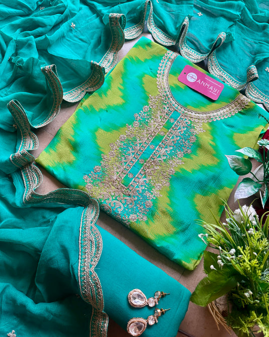 Chiffon Ikkat print festive coming suit set