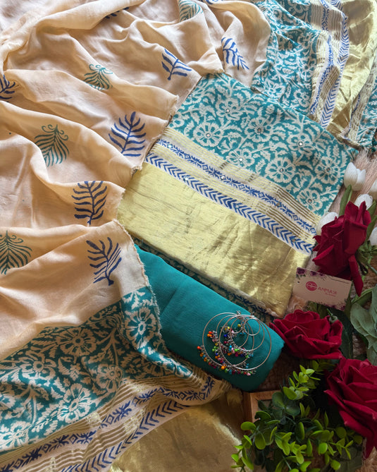 Muslin ajrakh print paper mirror work suit set with printed dupatta