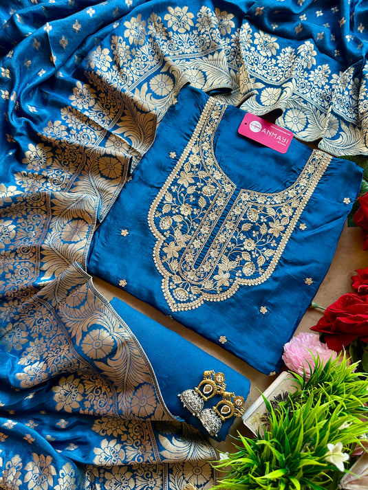 Royal intricate dori work neck muslin suit set with banarasi dupatta