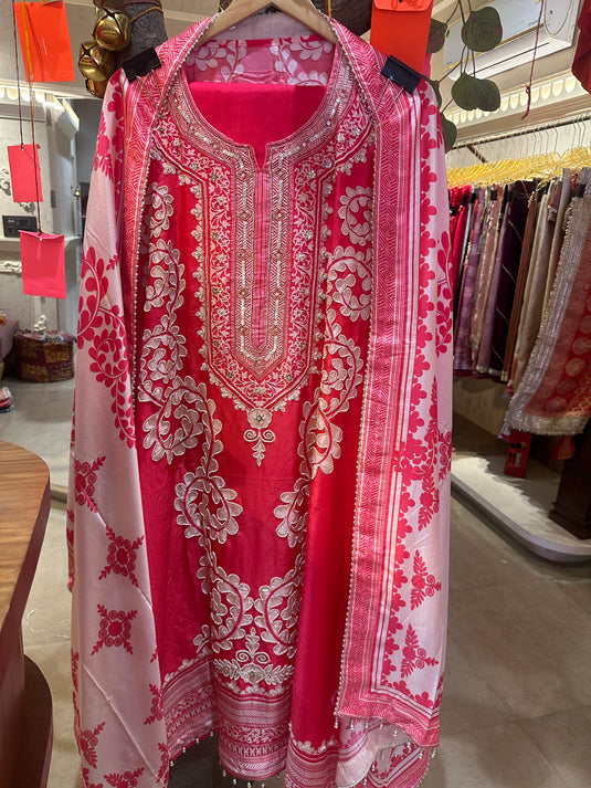 Floral patterned pearl highlight raw silk suit set
