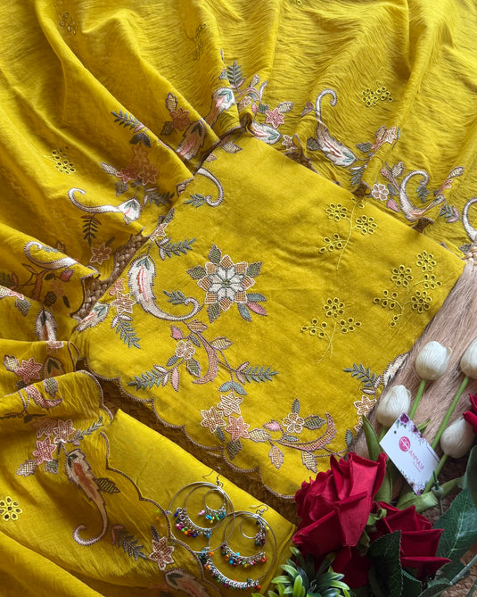 Satin stitch outline and cutwork mul chanderi suit set