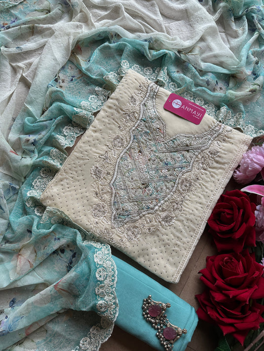 Organza Swarovski work suits with Parsi work and ombré dupatta