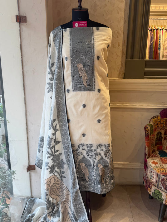 Jamdani weave parrot style cotton suit set
