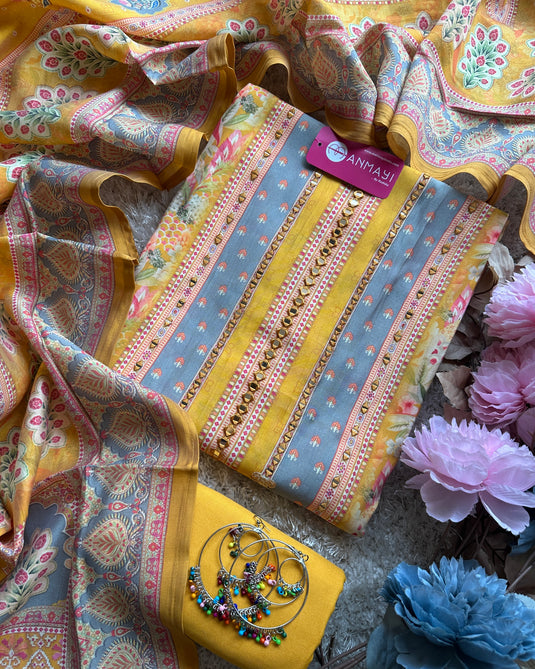 Persian print yellow grey mirror highlights muslin modal suit