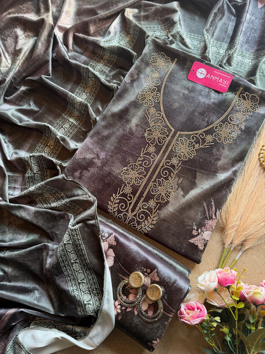 Printed floral velvet Swarovski work suit set