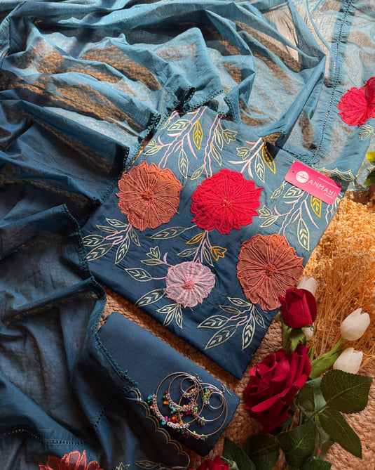 Coloured applique flower Mul Chanderi suit set