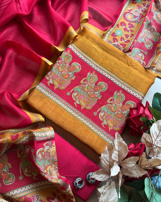 Goddess print border pure Maheshwari combination suit set