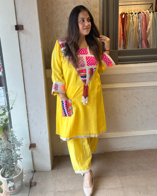 Muslin linen boho tassel neck coord set with farshi salwar