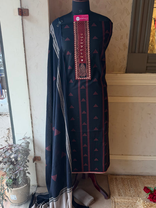 Geometrical black red soft handloom cotton suit set