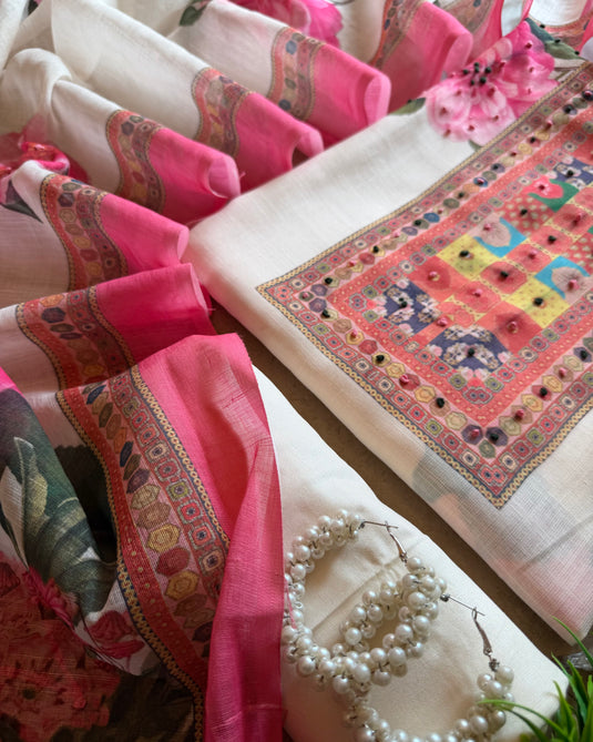 Digital print linen suit set with knot work highlights