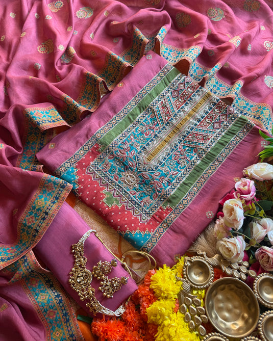 Pure silk pink panel work Pakistani suit set