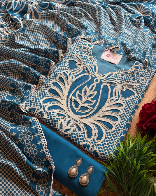 Jungle flower pearl detailed pure muslin suit set