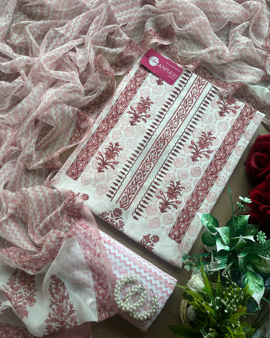 Traditional hand block pure cotton suit set with pure chiffon dupatta